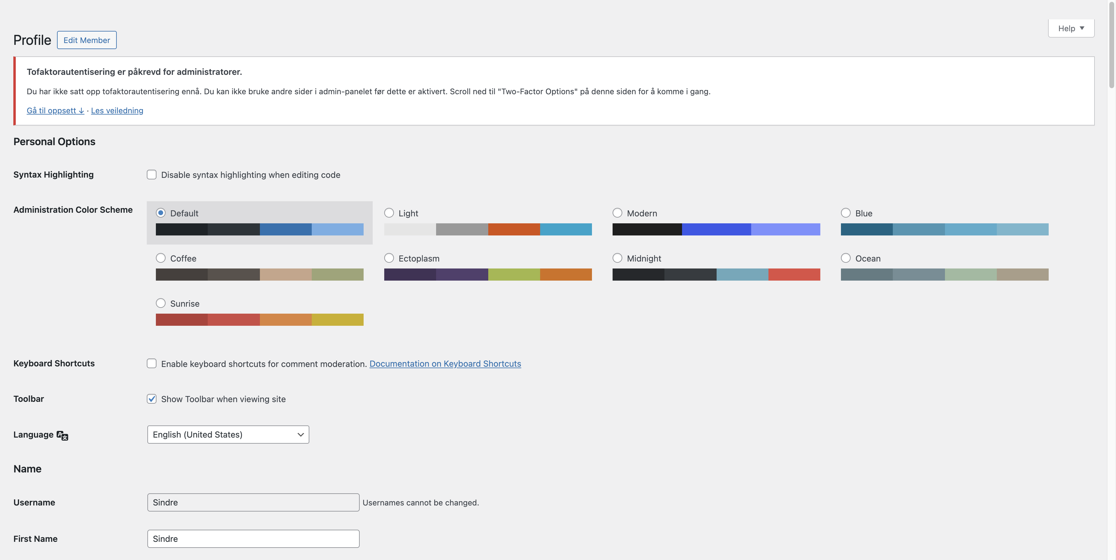 Admin notice requiring two-factor authentication setup