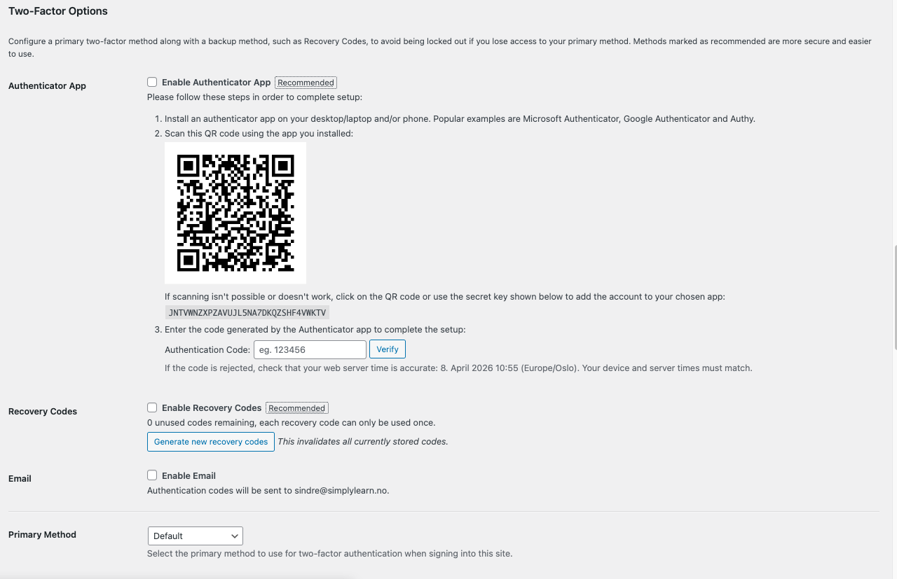 Two-Factor Options section on the profile page with QR code and authenticator setup