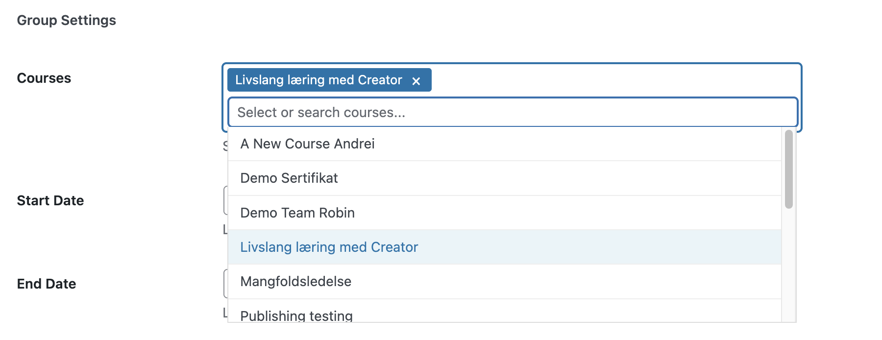 Course selector dropdown