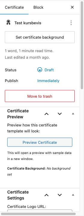 Certificate editor sidebar with settings and variables