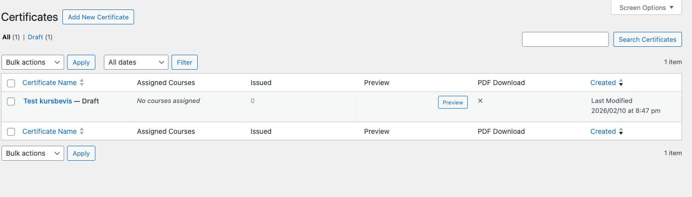 Certificates list page showing templates