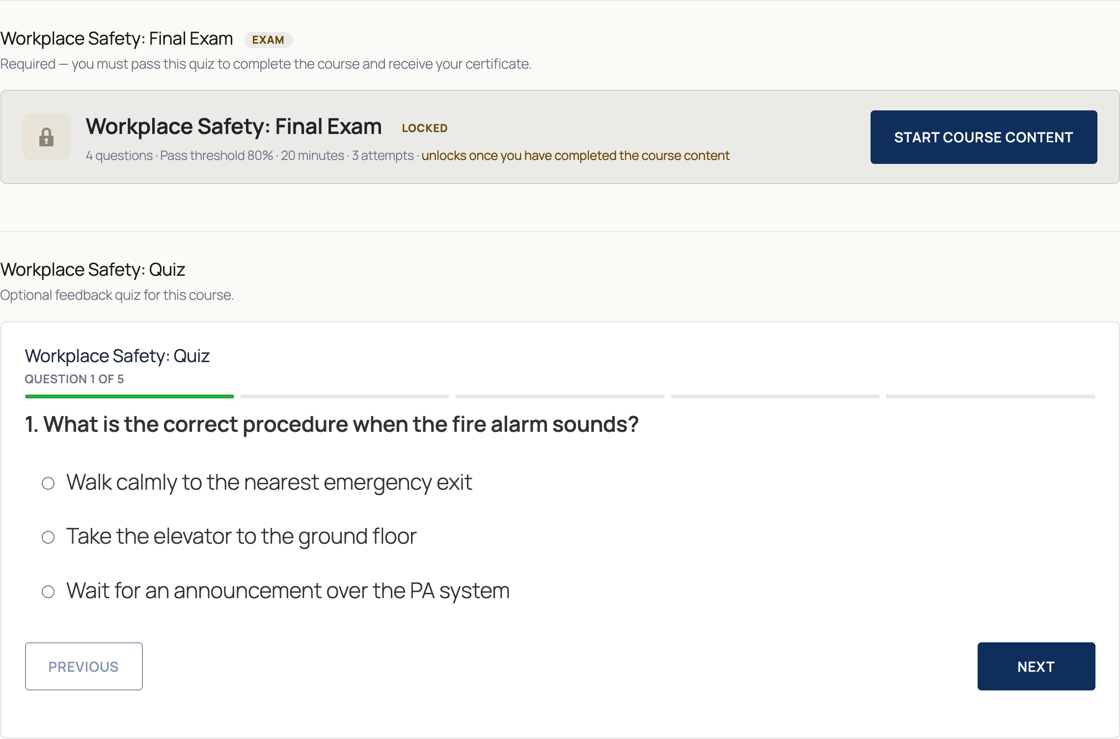 Course page showing a locked Final Exam panel required to complete the course, and an open Quiz panel with the quiz form displayed inline