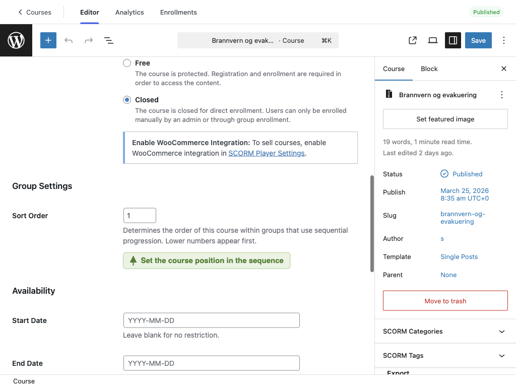Sort Order field on a course, under Group Settings