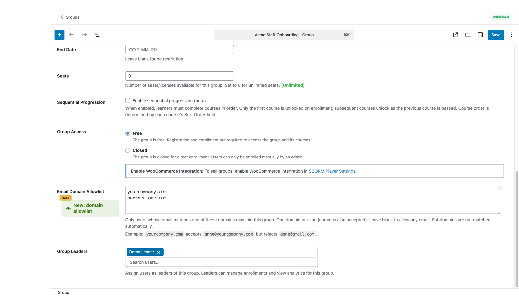 Email Domain Allowlist field on the group edit screen
