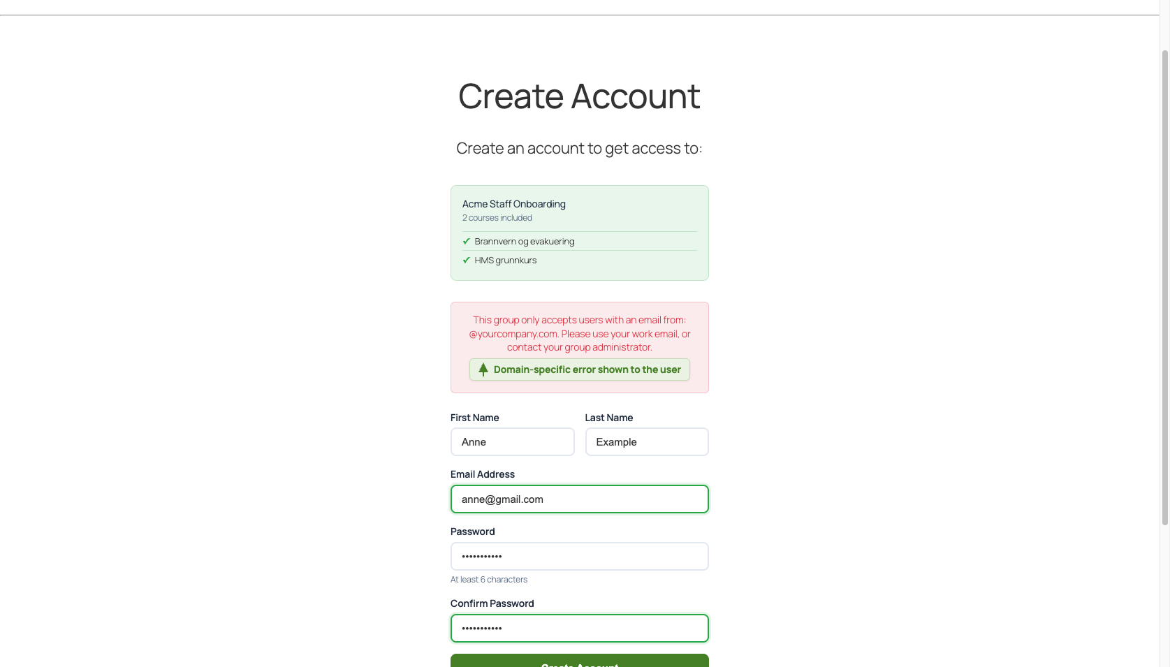 Registration rejected because the email domain is not on the allowlist