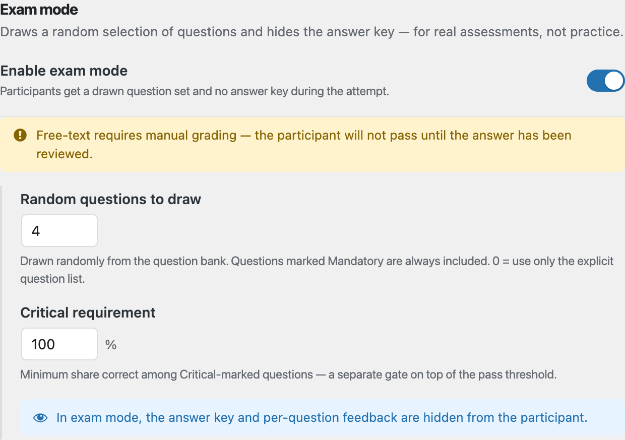 Exam mode enabled, with a free-text grading warning, Random questions to draw set to 4, and Critical requirement set to 100%