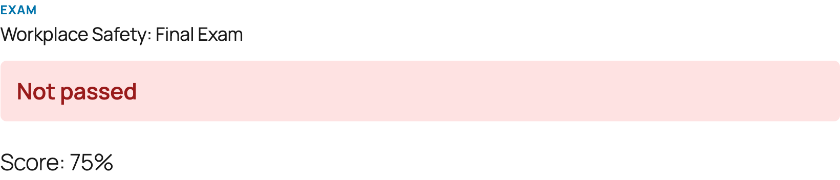 Exam result showing Not passed and a score of 75 percent, with no per-question breakdown
