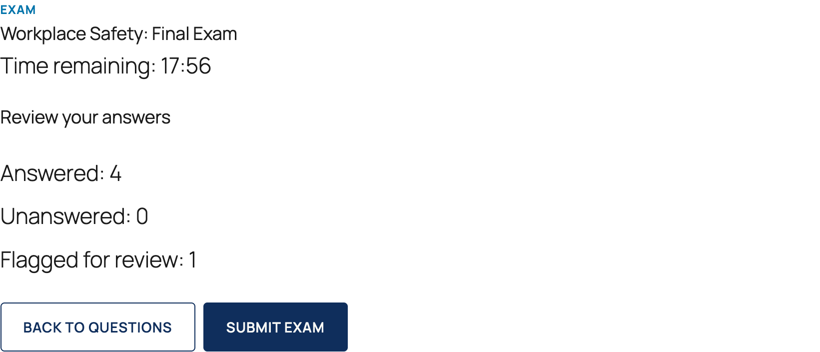 Review your answers screen showing 4 answered, 0 unanswered, 1 flagged for review, with Back to Questions and Submit Exam buttons