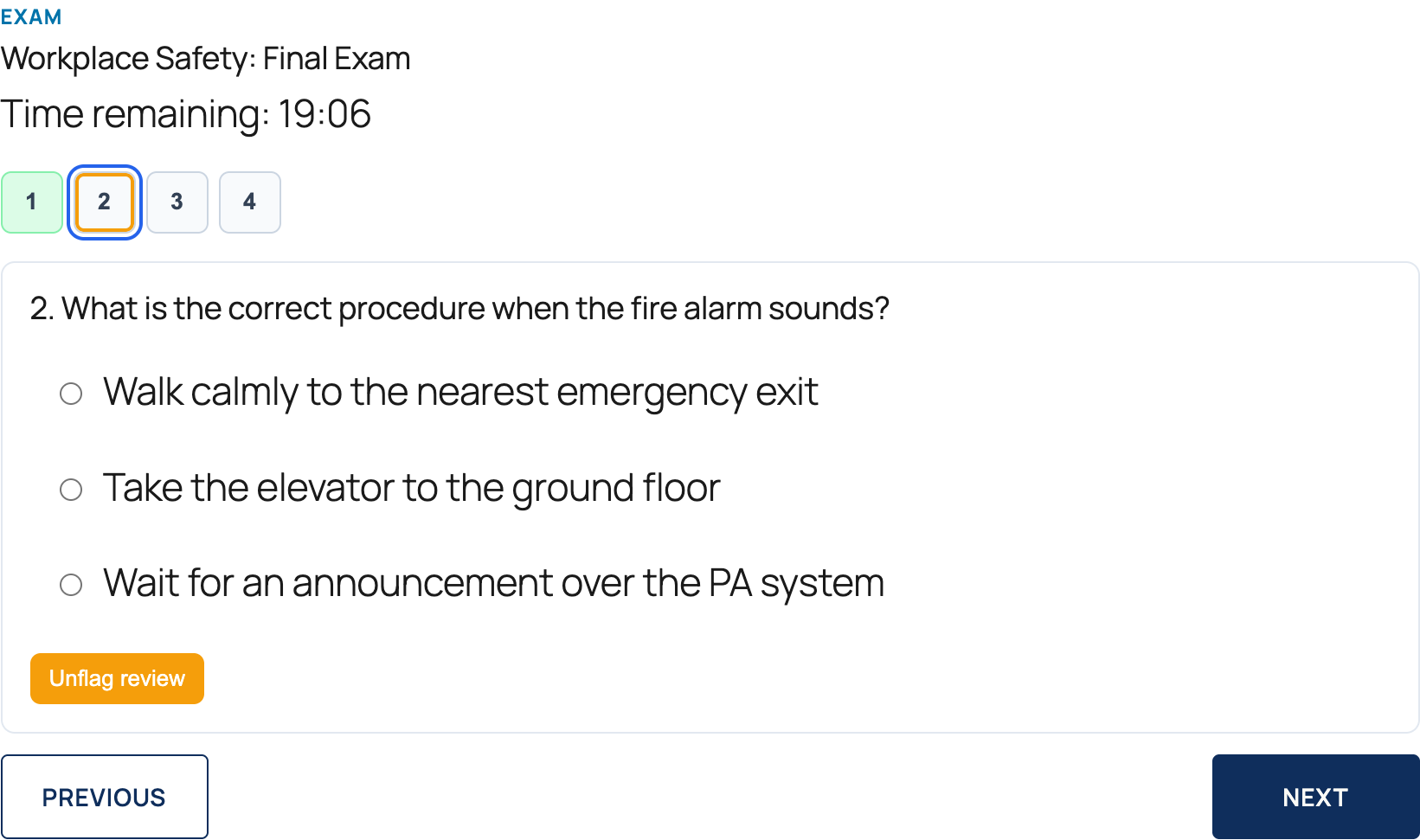 Exam runner showing a countdown timer and question navigation pills — question 1 green because it is answered, question 2 outlined in orange because it is flagged — with the current question and an Unflag review button