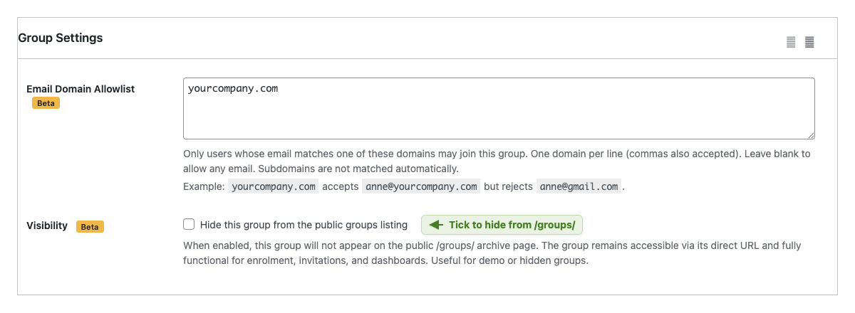 Visibility checkbox on the group edit screen