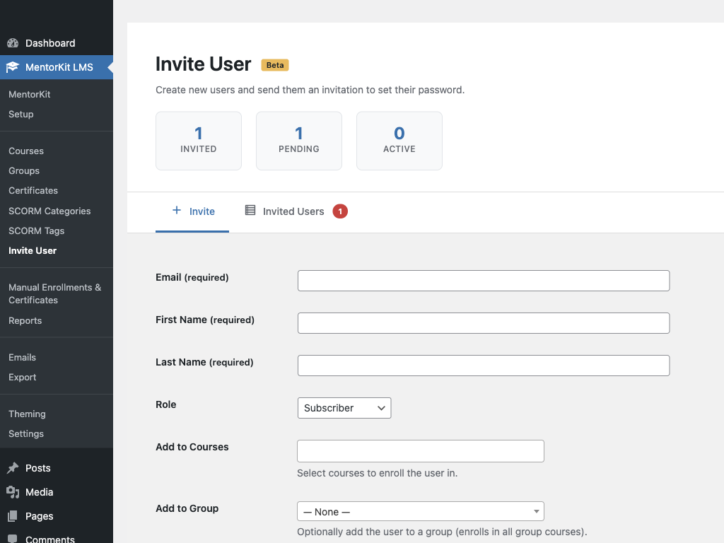 Invite User admin page