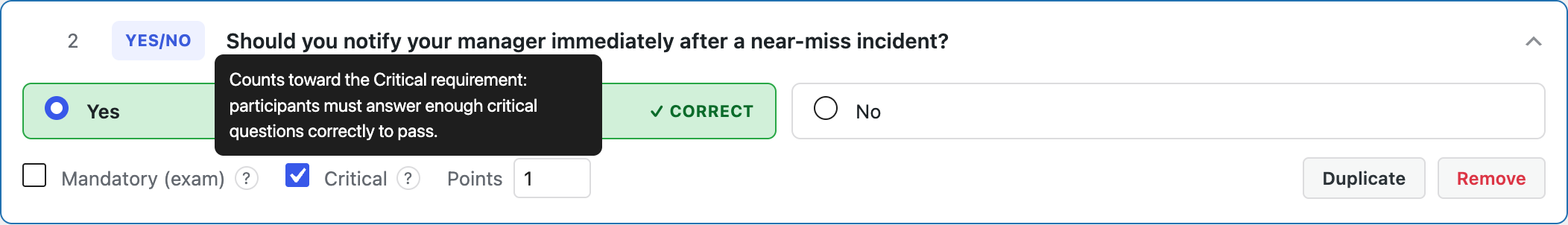 Question card with the Mandatory (exam) and Critical checkboxes, and the Critical help bubble open: "Counts toward the Critical requirement: participants must answer enough critical questions correctly to pass."