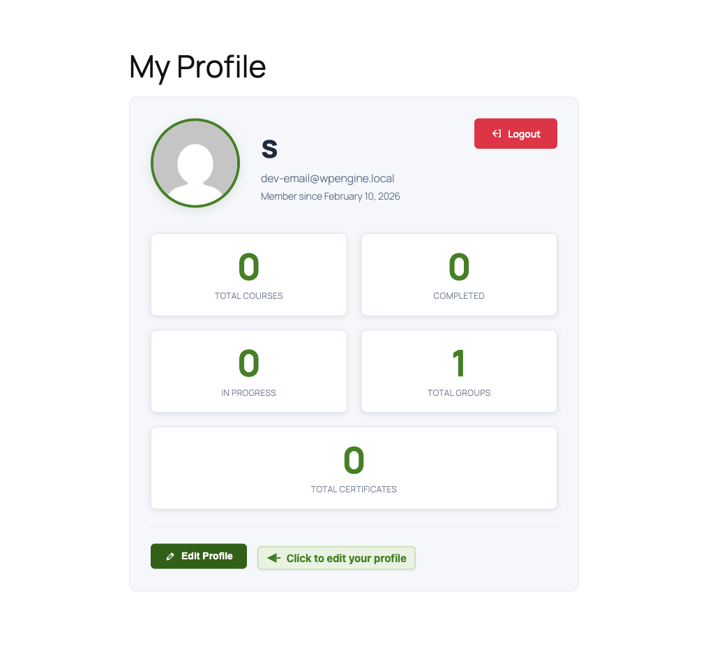 My Profile page showing avatar, stats, and Edit Profile button