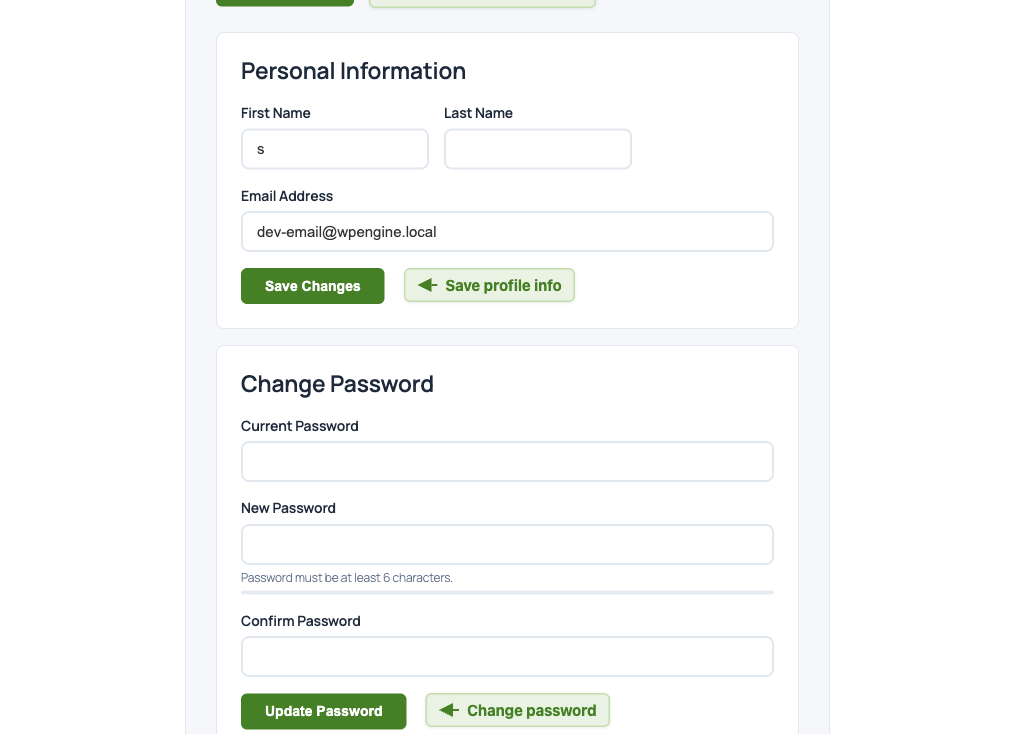 Profile editor showing Personal Information and Change Password sections