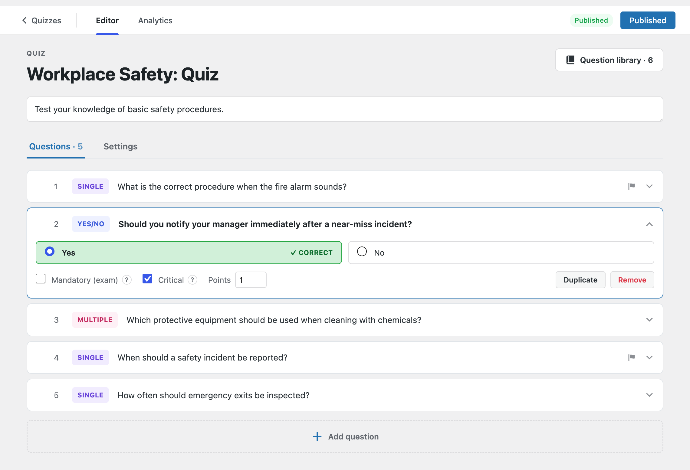Expanded question card showing Yes/No options with the correct answer highlighted, the Mandatory (exam) and Critical checkboxes with their help icons, and a Points field