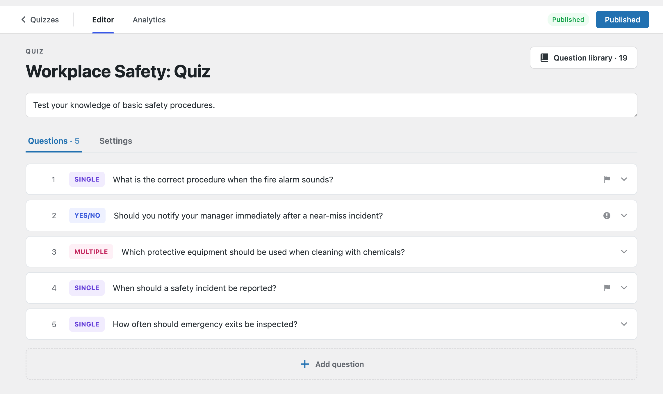 Quiz editor Questions tab showing five questions with type badges, and flag/critical icons on some rows