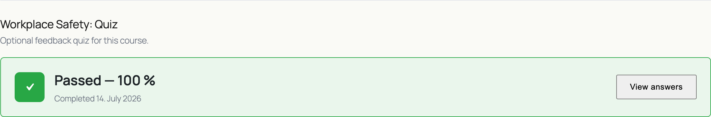 Passed result panel showing 100 percent score, completion date, and a View answers button