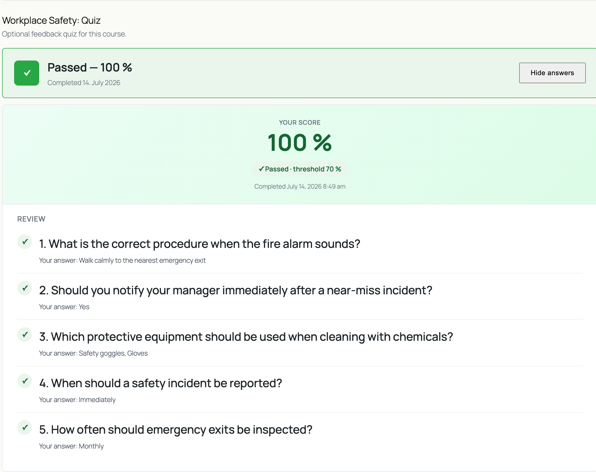 Full review panel showing 100 percent score with a Passed pill against a 70 percent threshold, and a per-question list showing each answer given