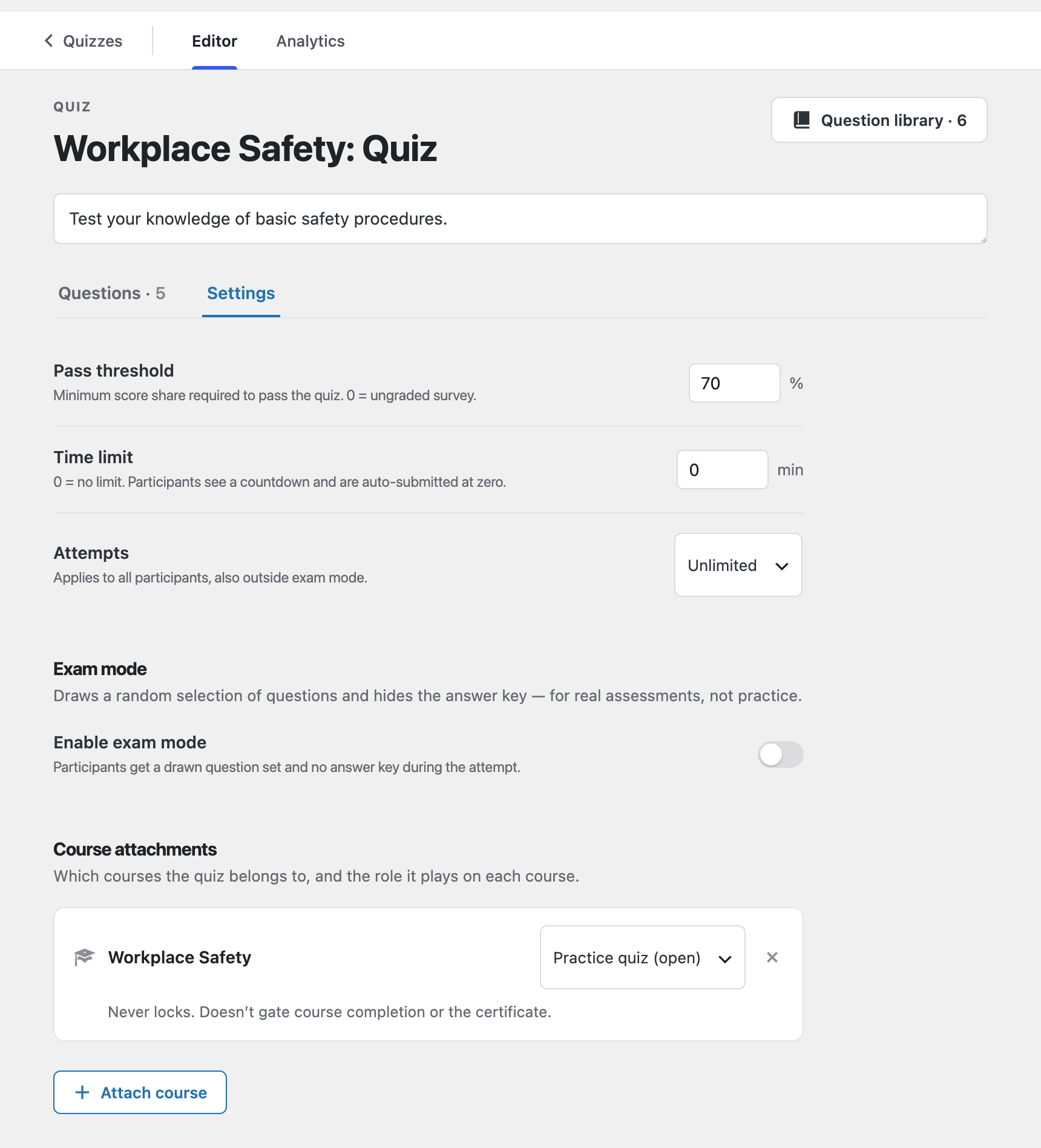 Quiz Settings tab showing Pass threshold, Time limit, Attempts, Exam mode toggle, and Course attachments
