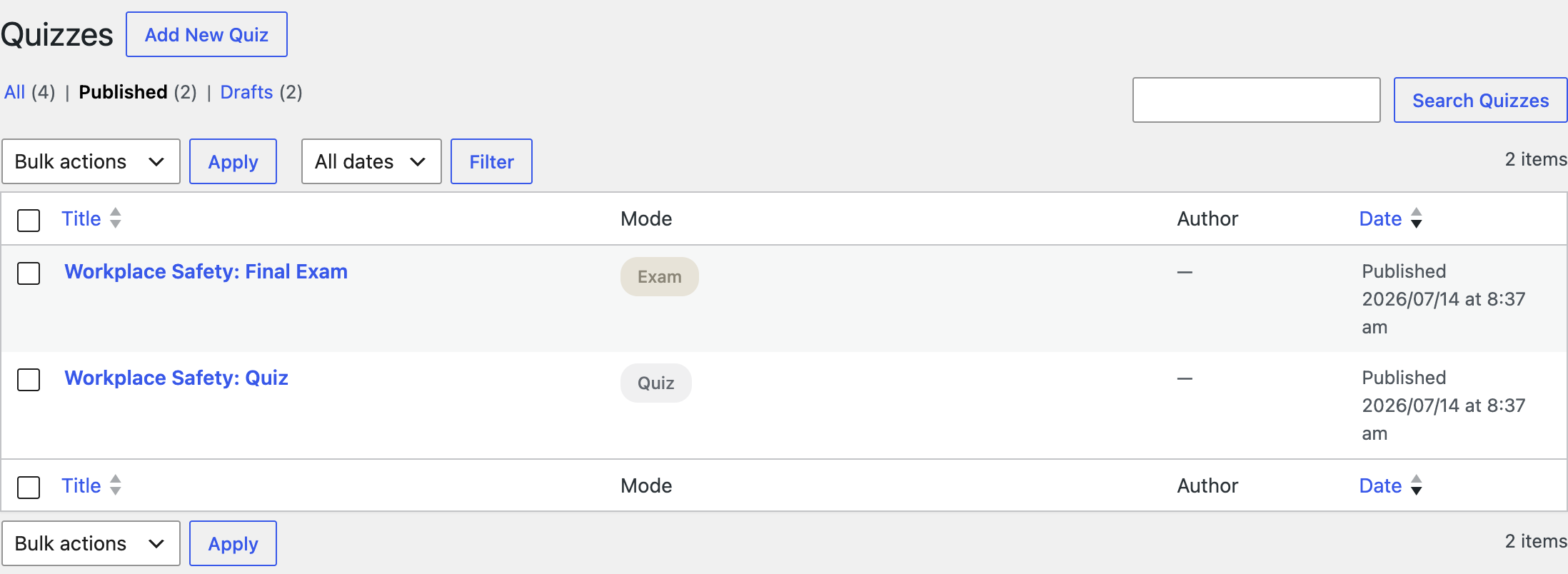 Quizzes list in the WordPress admin, showing two published quizzes with their Exam and Quiz mode badges, and the Add New Quiz button