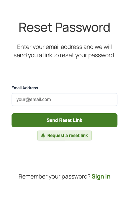 Reset Password page with email field and Send Reset Link button