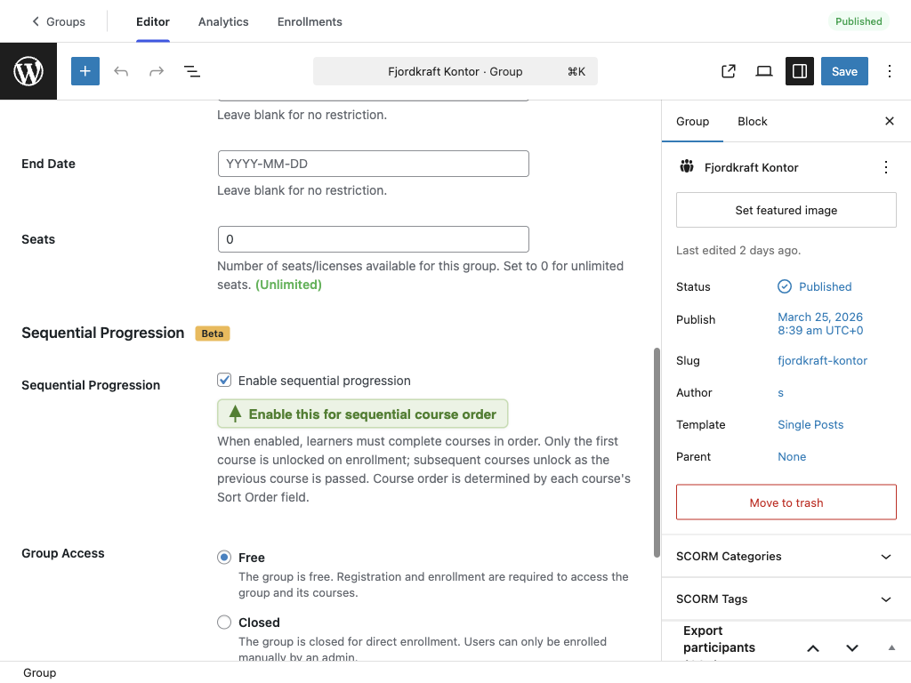 Sequential Progression setting in the Group Settings meta box