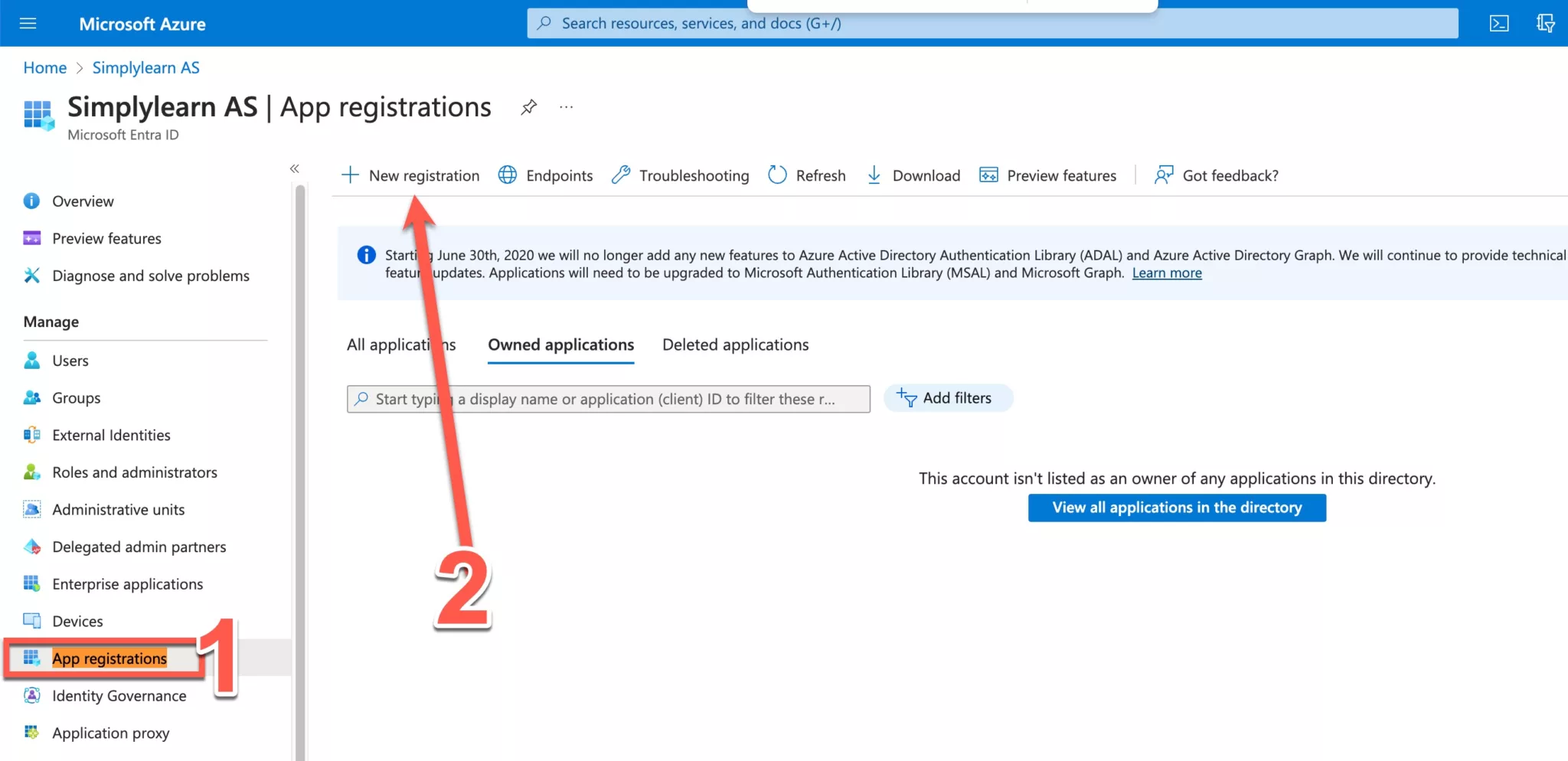 Gå til App registrations og klikk New registration