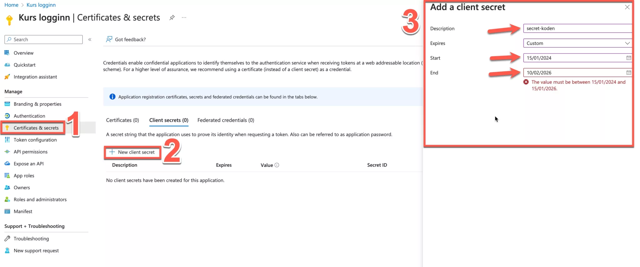 Certificates & secrets og vinduet for å legge til en ny client secret