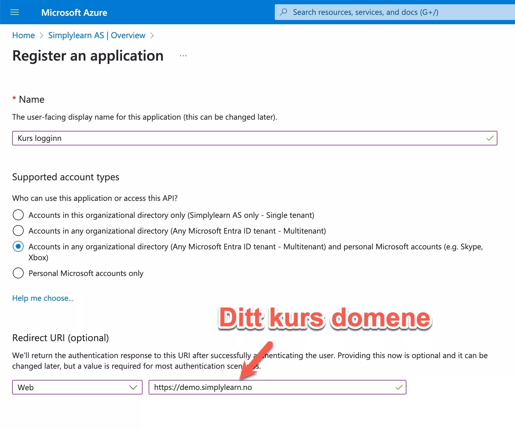 Registreringsskjemaet med navn, kontotype og Redirect URI