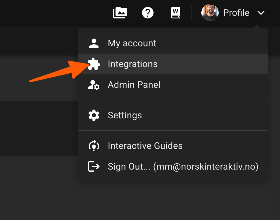 Open the profile menu and select Integrations