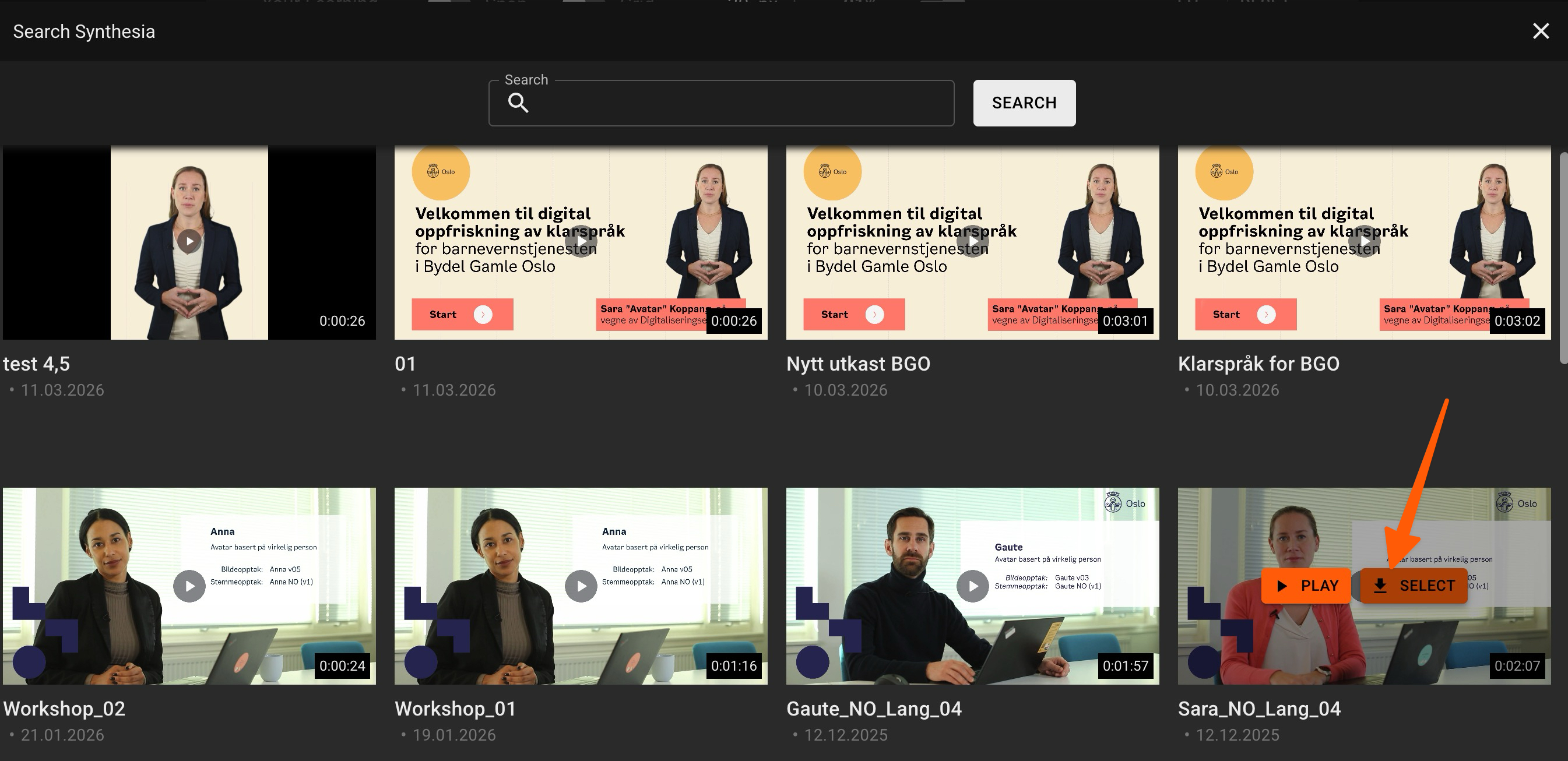 Search for a Synthesia video and click Select