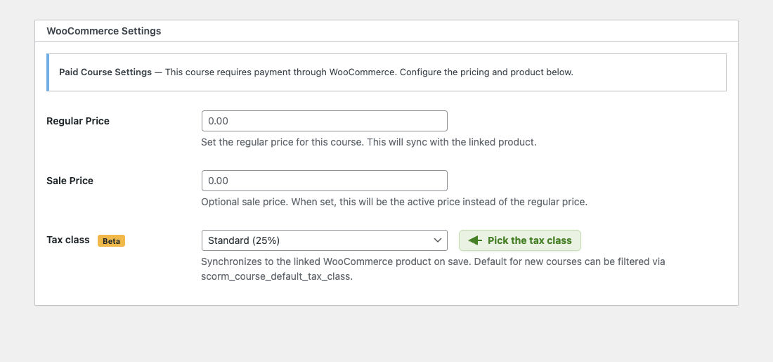 Tax class dropdown in the WooCommerce Settings meta box on the course editor, showing Standard (25%) selected